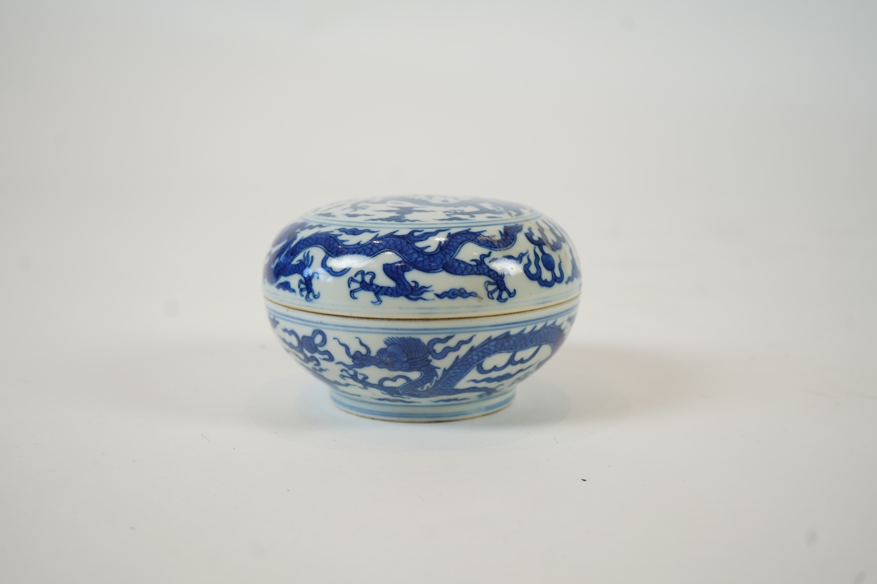 A Chinese blue and white ‘dragon’ box and cover, Jiajing six character mark, 19th century